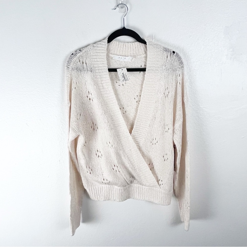 ASTR The Label Stephanie Ivory Pointelle Deep V-Neck Faux Wrap Sweater Large